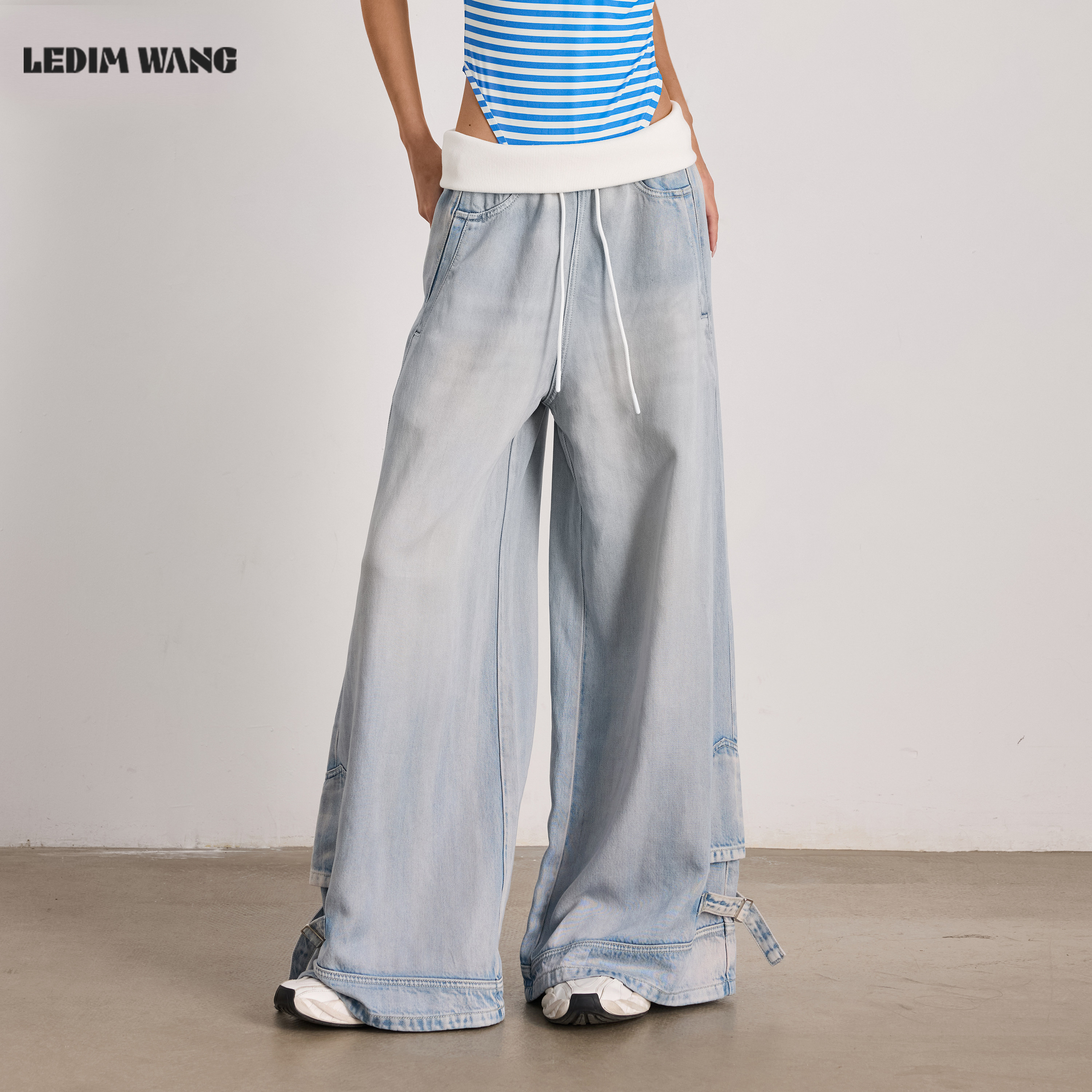 LEDIM WANG可拆腰封垂感阔腿牛仔裤女浅蓝松紧腰宽松长裤26夏新款