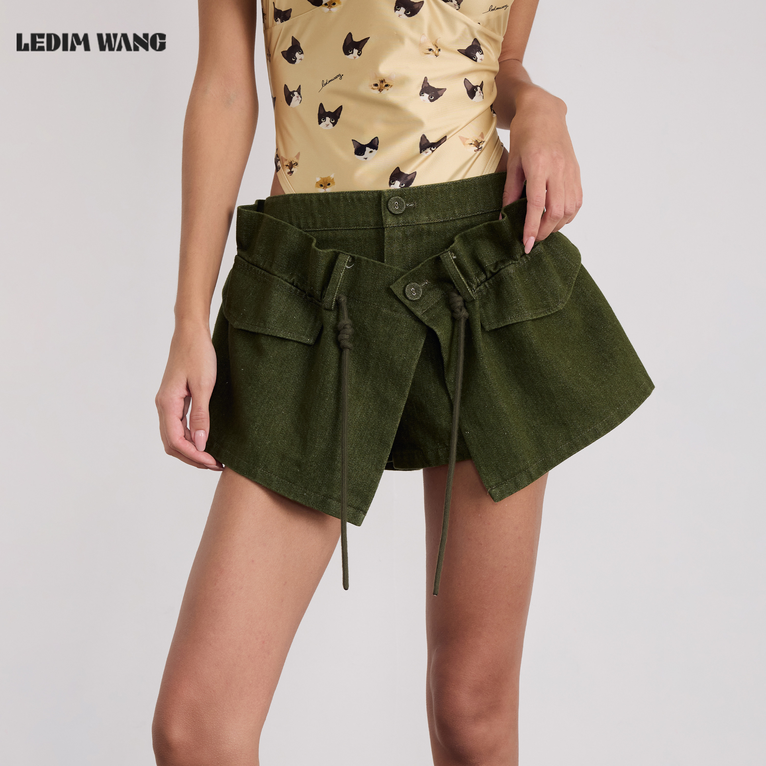 LEDIM WANG纯棉搭片短裤休闲裤女军绿直筒复古工装水洗26夏季新款
