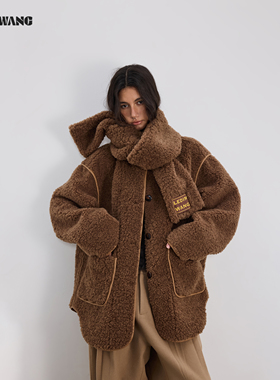 LEDIM WANG泰迪色仿羊羔毛皮草女25冬新款皮毛一体毛毛外套送围巾