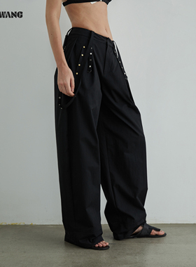 【明星同款】LEDIM WANG铆钉背带休闲裤女秋新款黑色阔腿裤长裤