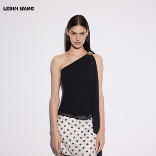 薄款 黑色修身 上衣 WANG金扣斜肩飘带雪纺吊带背心女26春新款 LEDIM