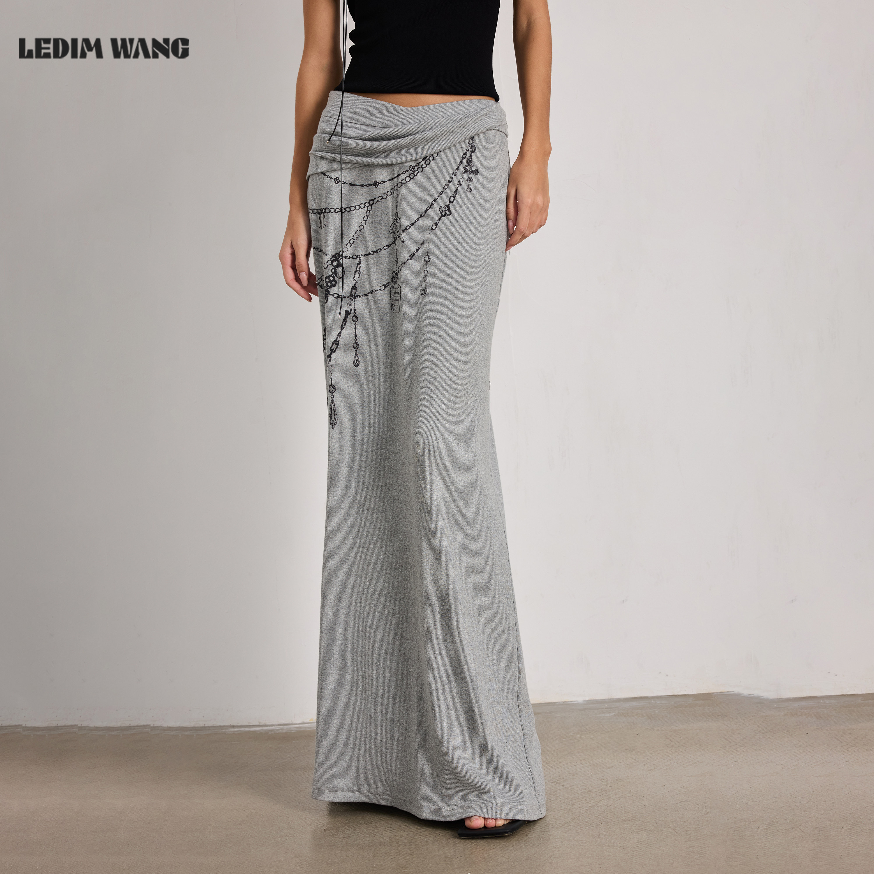 LEDIM WANG链条印花直筒半身裙女灰色开叉拖地裙长裙26夏新款