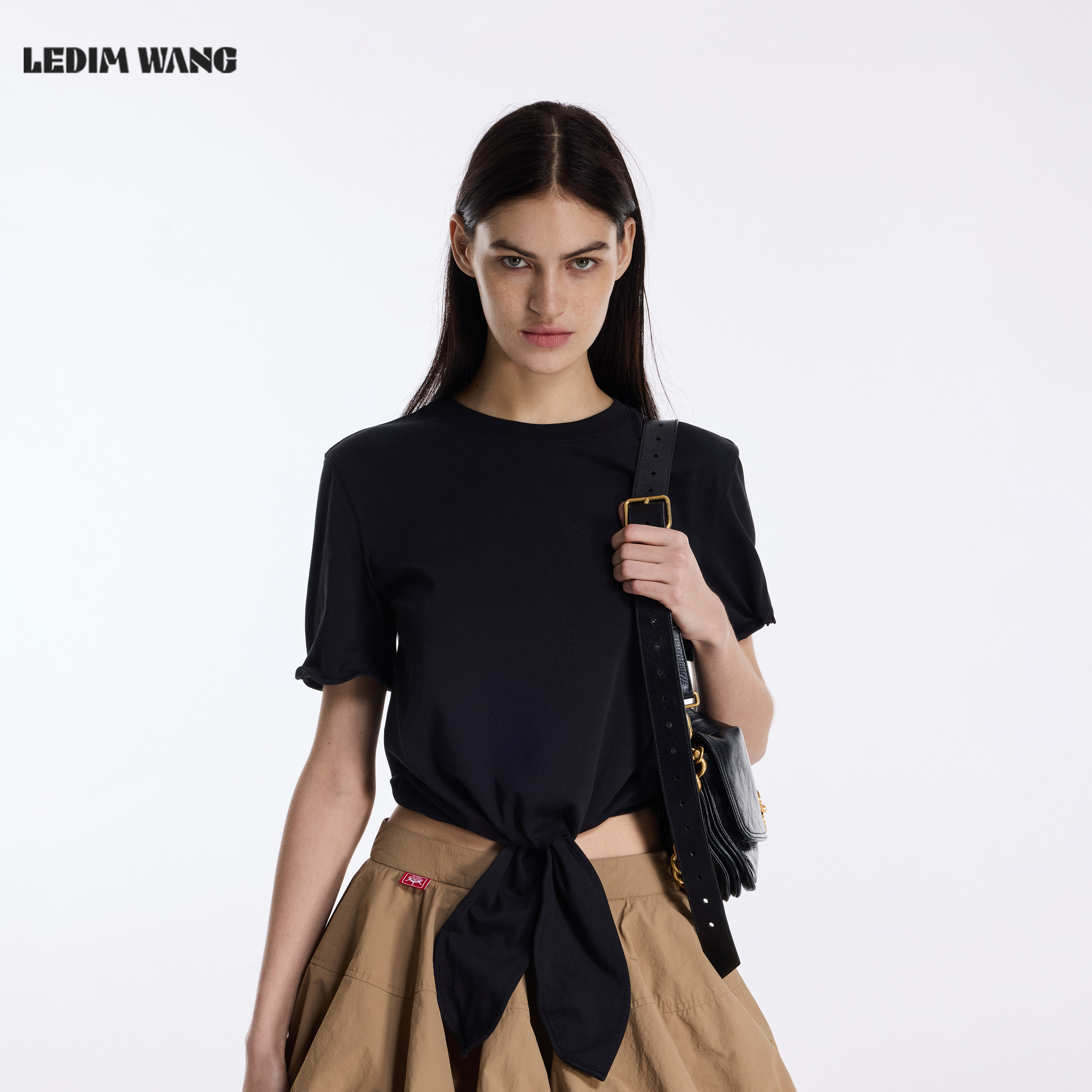 LEDIM WANG街头辣妹系带黑色T恤女26春夏新款软钢丝直筒短袖上衣