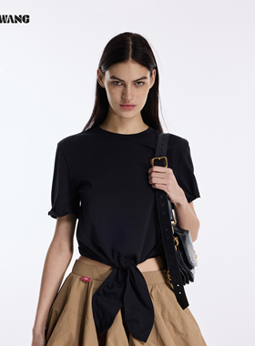 LEDIM WANG街头辣妹系带黑色T恤女26春夏新款软钢丝直筒短袖上衣