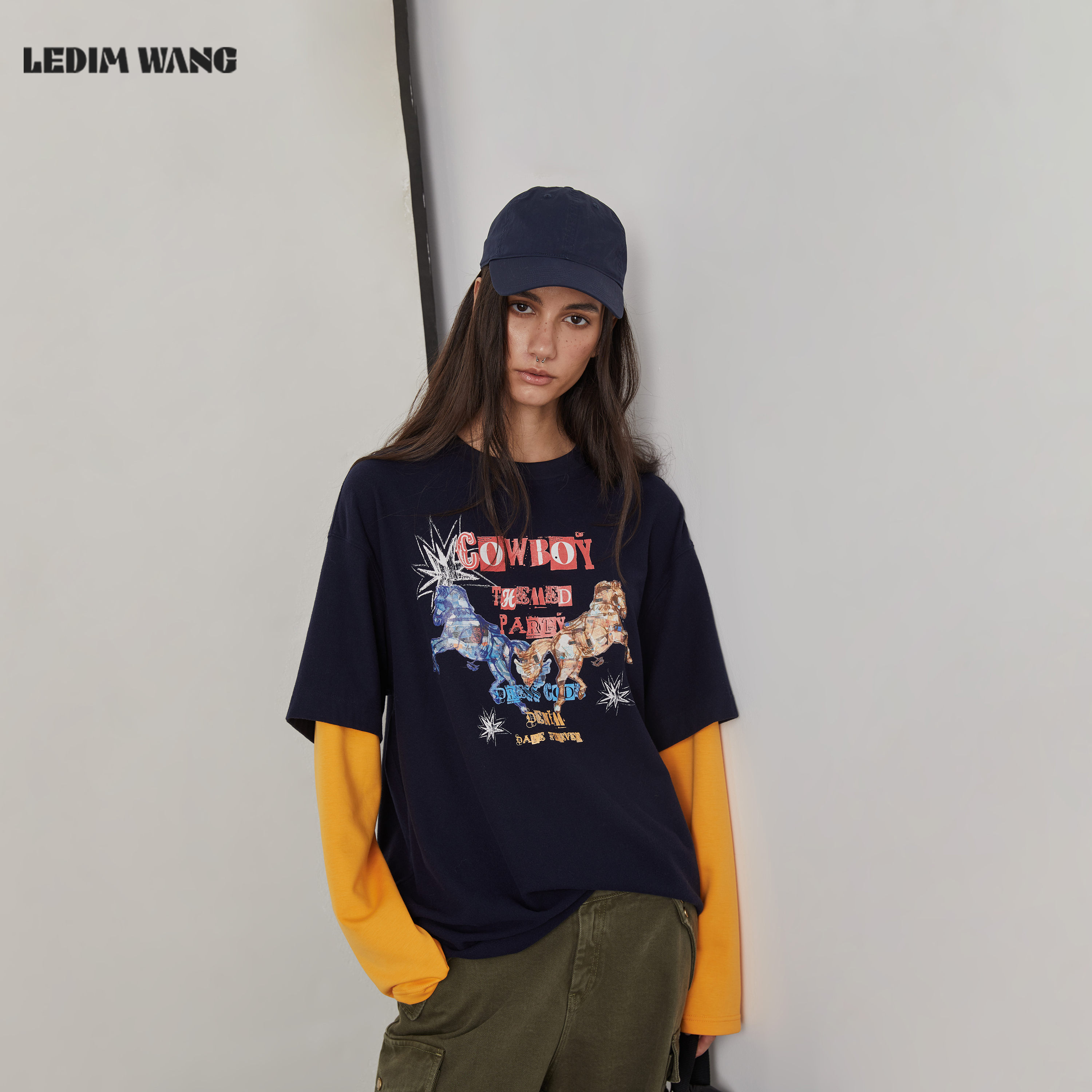 LEDIMWANG撞色假两件印花T恤