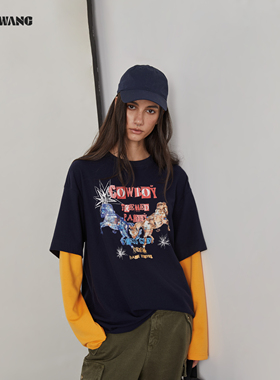 LEDIM WANG撞色假两件长袖T恤女25秋冬新款宽松印花百搭上衣