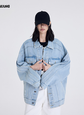 LEDIM WANG复古牛仔外套女天蓝色立体梗长袖宽松休闲2026春季新款
