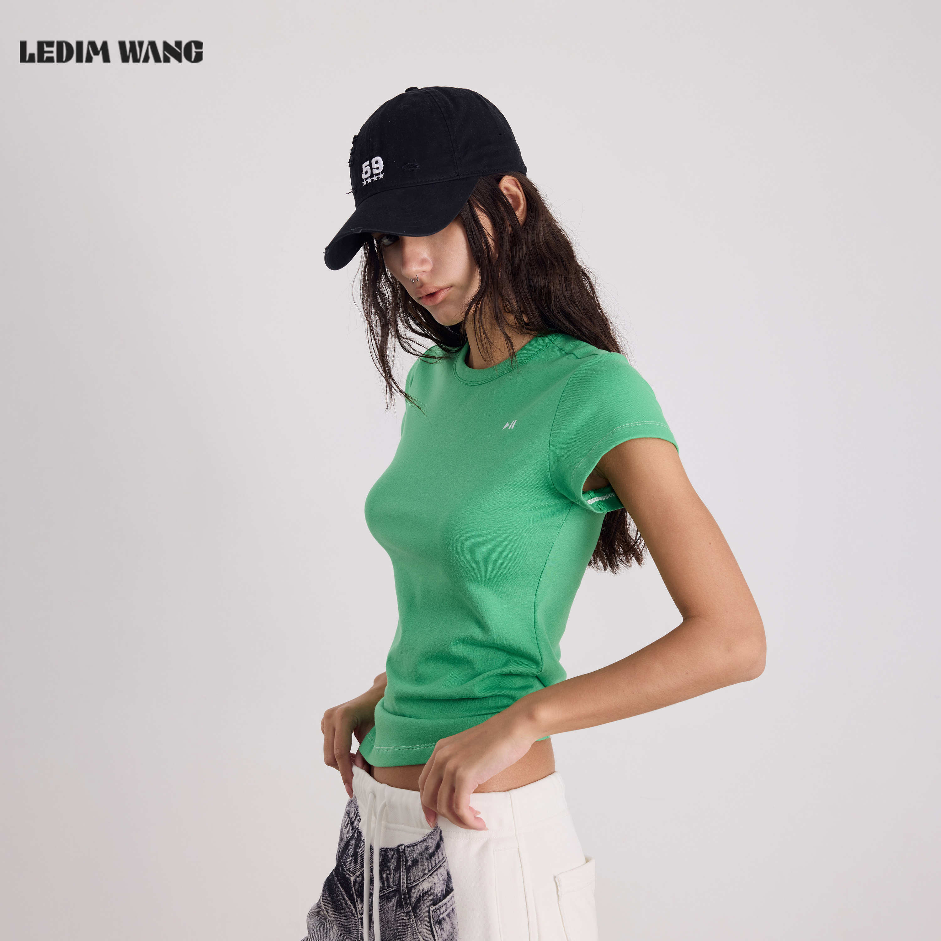 LEDIM WANG基础百搭凉感短袖T恤女绿色莱赛尔合身上衣26夏季新款