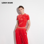 T恤女春夏新款 红色上衣 WANG白标 丝绒圆领短袖 明星同款 LEDIM