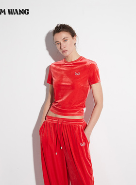 【明星同款】LEDIM WANG白标/丝绒圆领短袖T恤女2025新款红色上衣