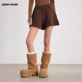 羊毛弹力宽松棕色短裤 女25秋冬新款 WANG麻花针织A形休闲裤 LEDIM