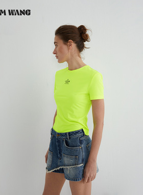 LEDIM WANG荧光色系修身短袖T恤女夏2025新款休闲百搭圆领上衣