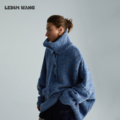 明星同款 LEDIM WANG花纱阔形套头蓝色毛衣女冬季 新款 慵懒风