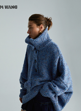 【明星同款】LEDIM WANG花纱阔形套头蓝色毛衣女冬季新款慵懒风