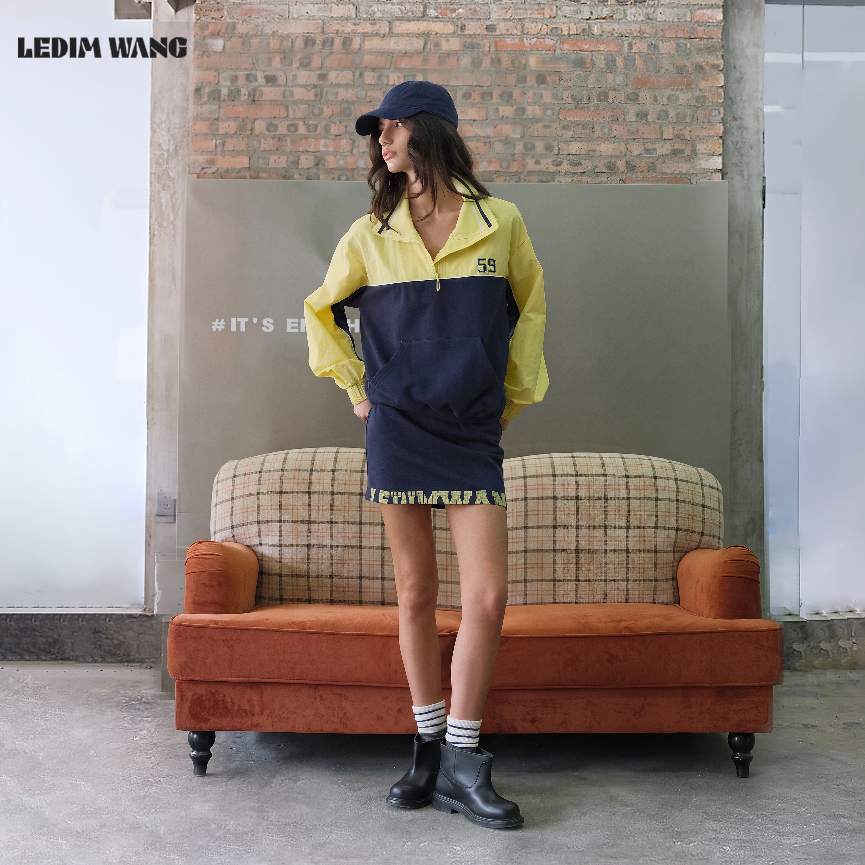 LEDIMWANG拼接撞色长袖连衣裙女图片