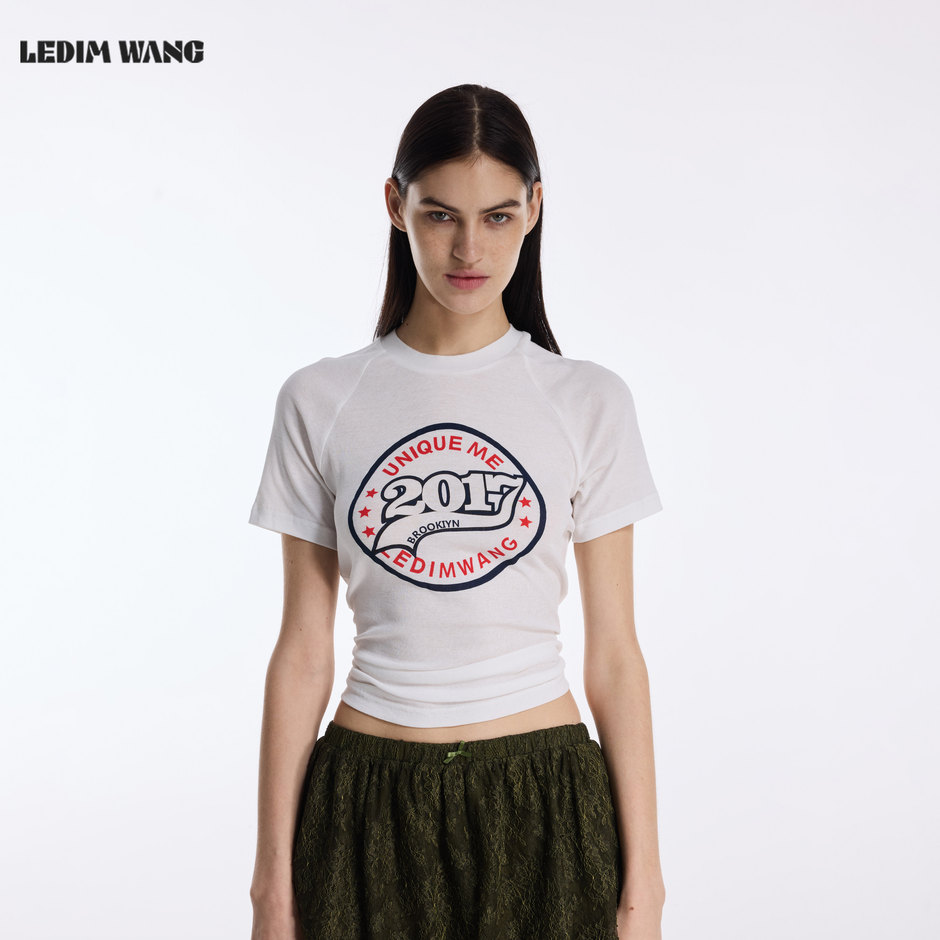 LEDIM WANG纯棉印花短袖T恤女26夏季新款白色插肩袖修身薄款上衣