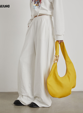LEDIM WANG红标宽松抓绒休闲裤卫裤女25秋冬新款白色慵懒阔腿长裤