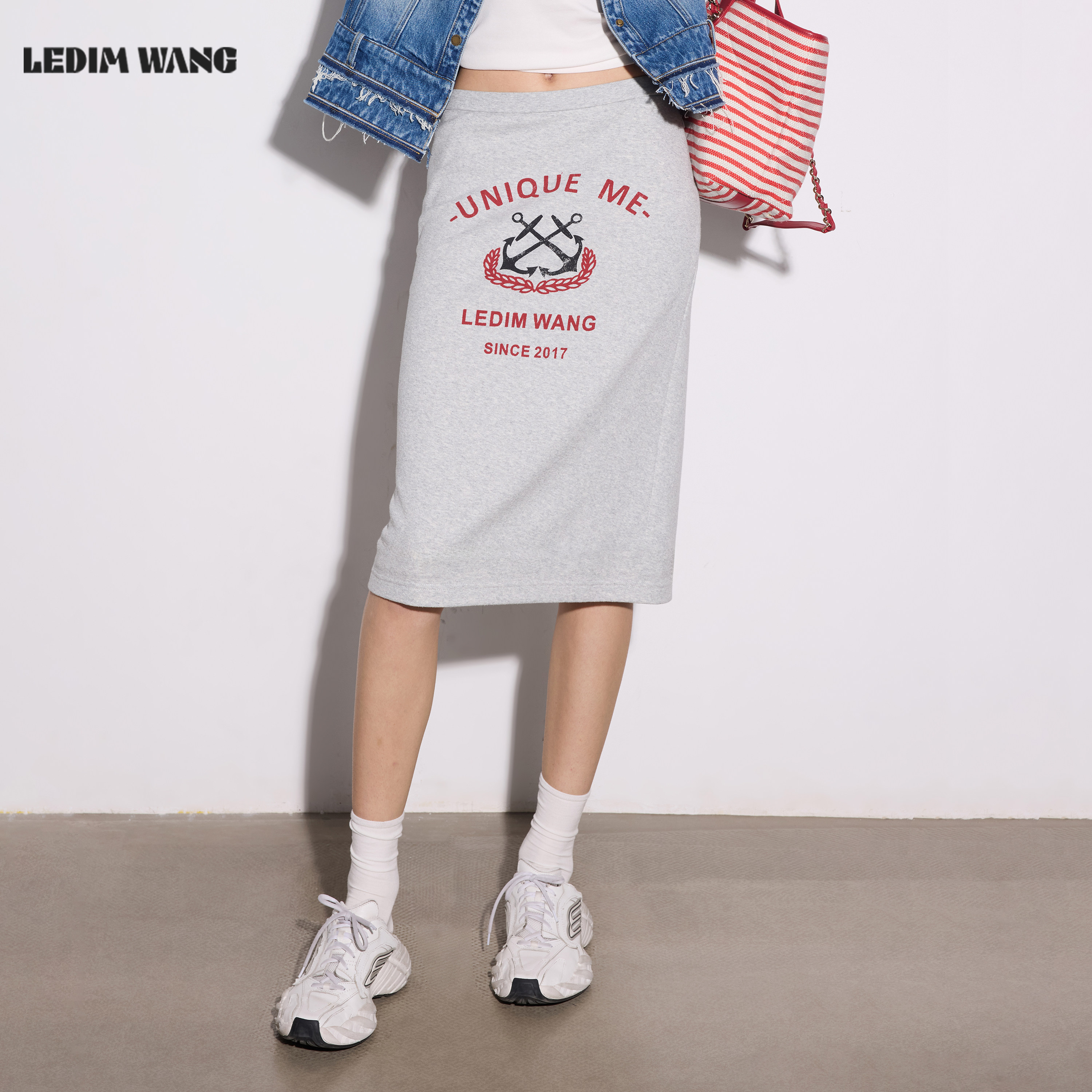 LEDIM WANG美式休闲撞色印花直筒半身裙女2026夏季新款灰色中裙