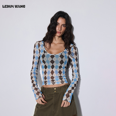 LEDIMWANG透视菱格网布T恤女
