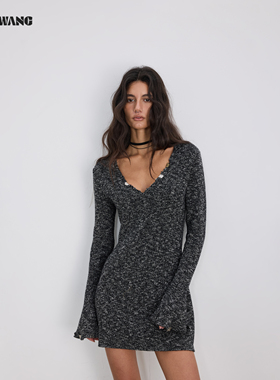 LEDIM WANG甜酷混色针织长袖连衣裙女25秋冬新款黑色修身质感短裙