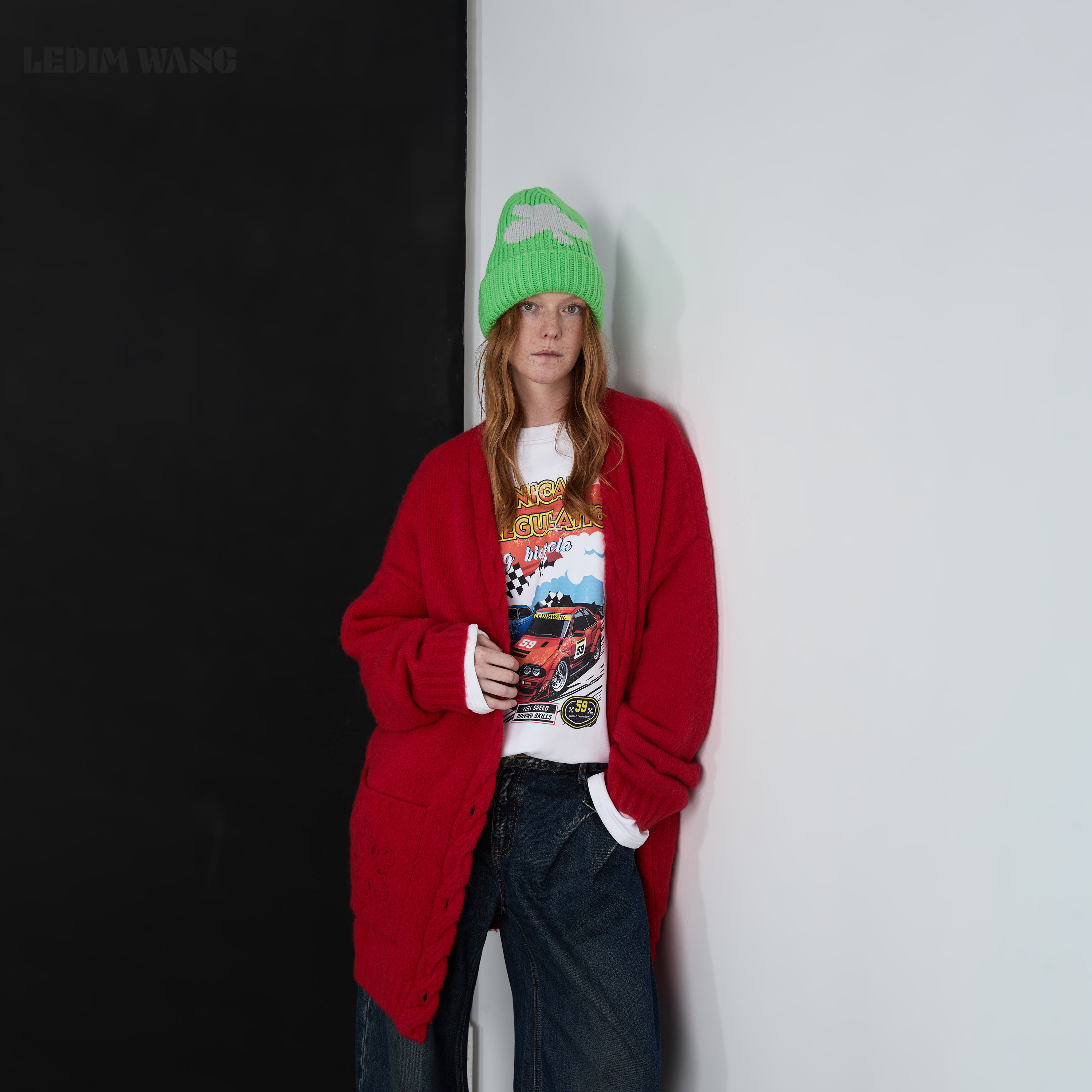 LEDIM WANG雪花开衫毛衣女2025秋冬新款红色羊毛宽松保暖外套