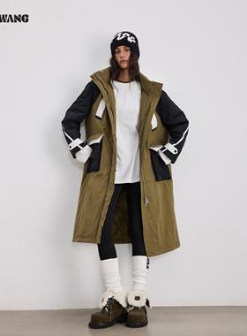 LEDIM WANG山系羽绒服三拼色白鹅绒外套女2025秋冬新款军绿色长款