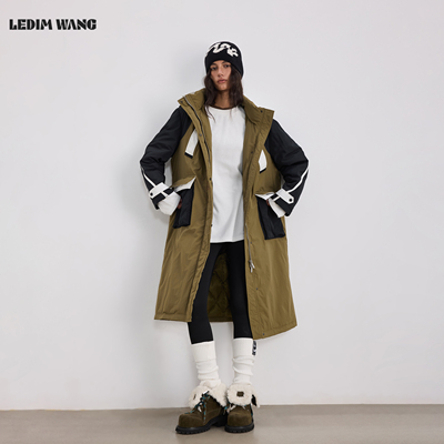 LEDIM WANG山系羽绒服三拼色白鹅绒外套女2025秋冬新款军绿色长款