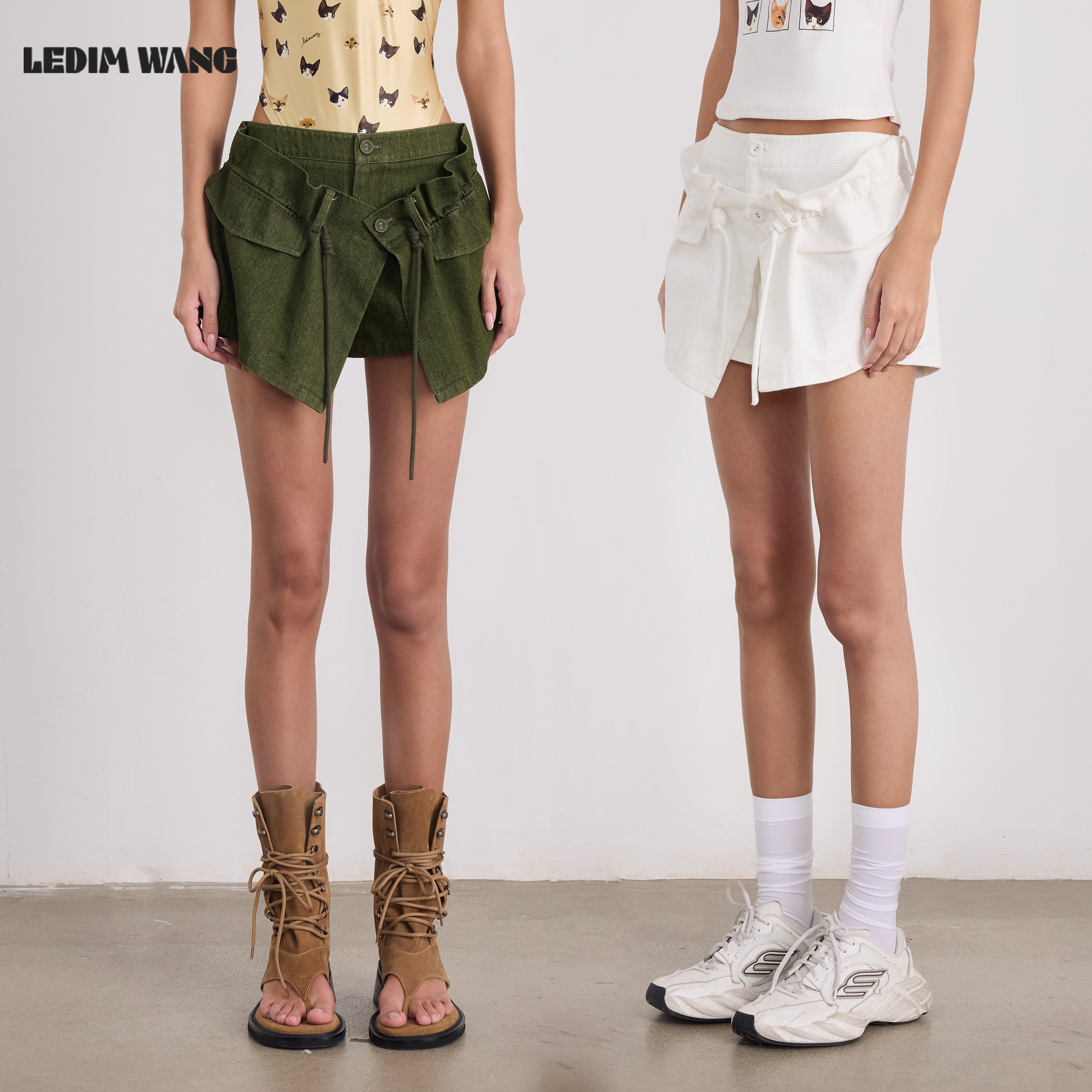LEDIM WANG纯棉搭片短裤休闲裤白色外穿女直筒复古水洗26夏季新款