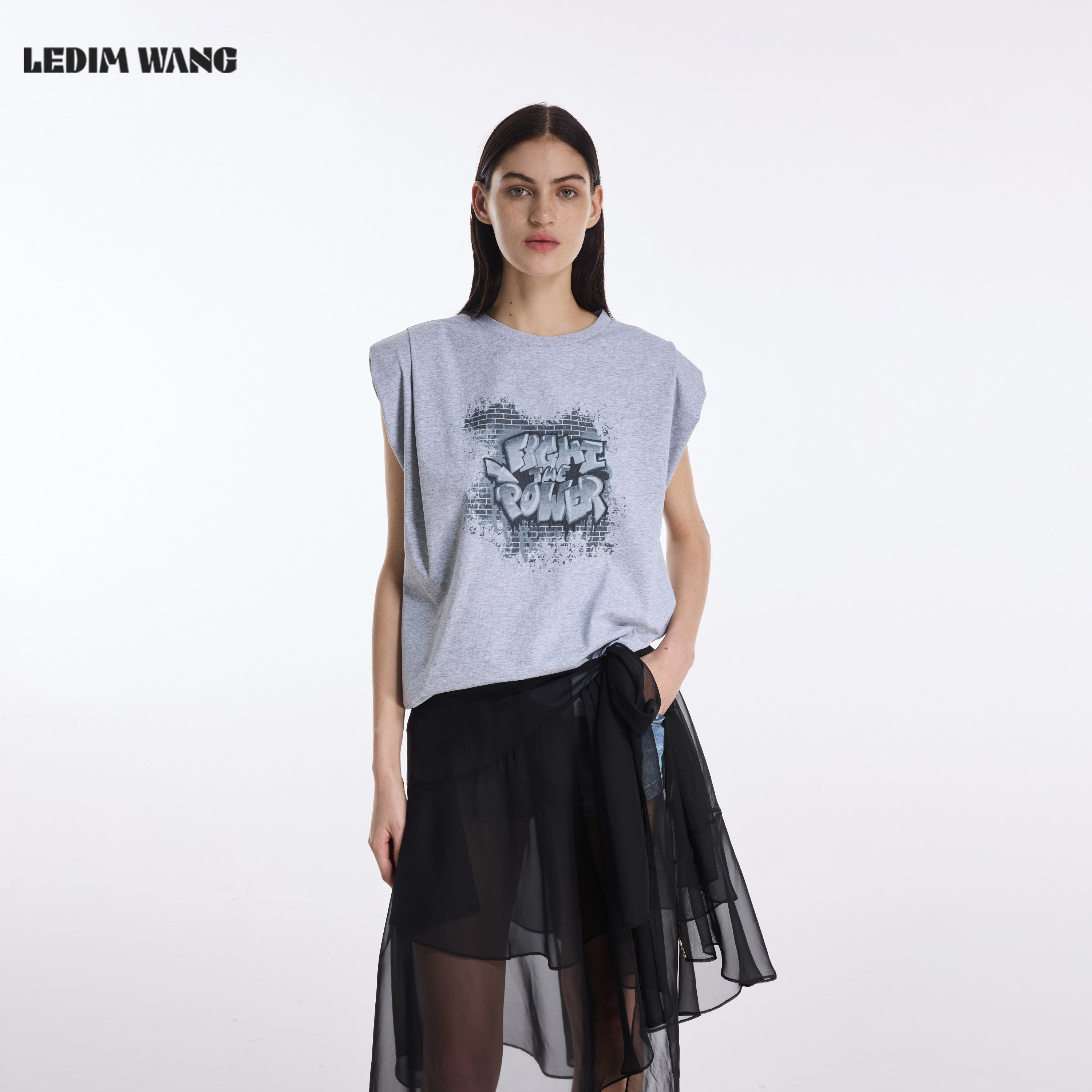 LEDIM WANG美式涂鸦无袖T恤女2026春夏新款灰色棉质百搭休闲上衣