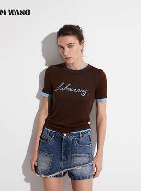 LEDIM WANG撞色假两件T恤女夏复古字母印花短袖圆领上衣简约百搭