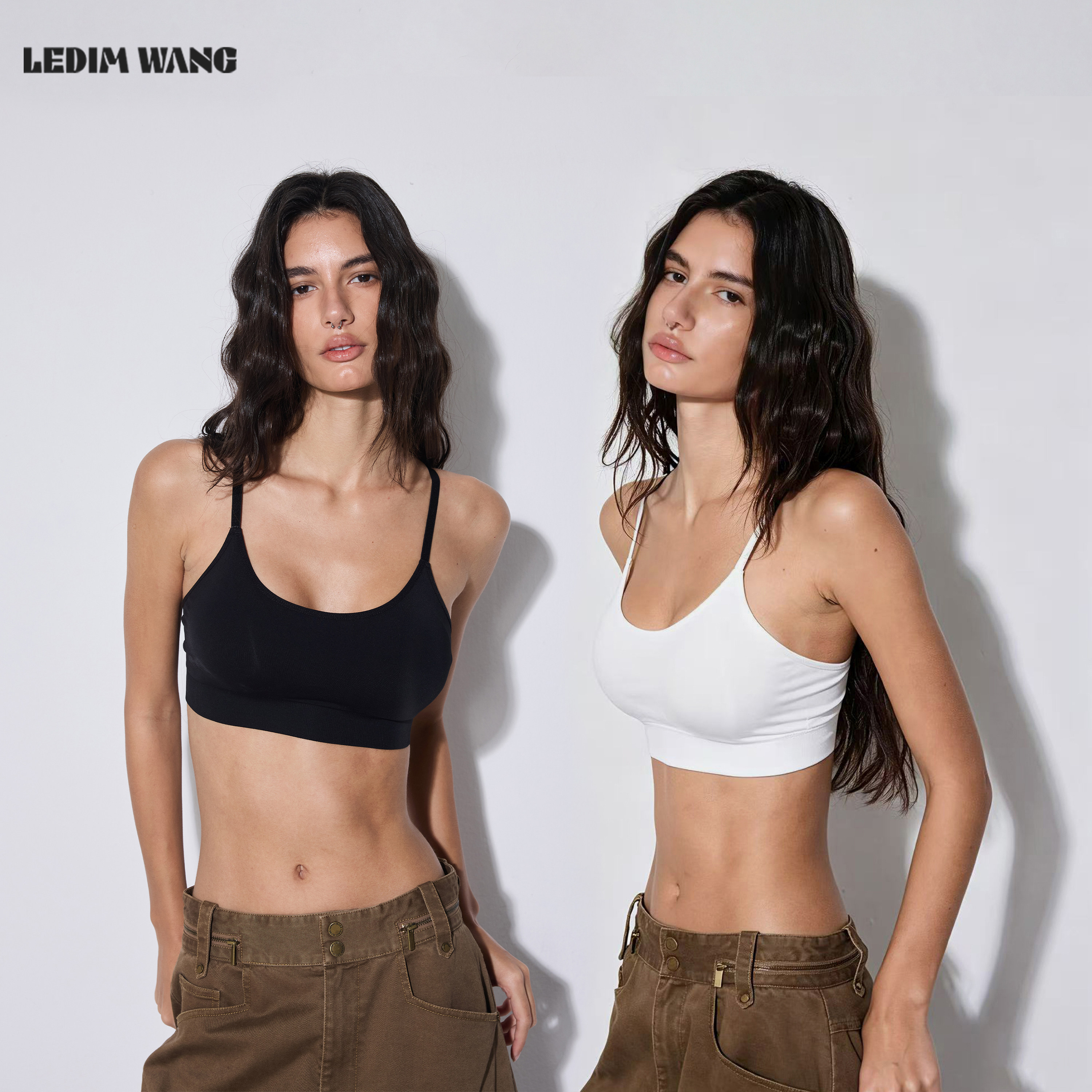 LEDIM WANG黑色外穿带胸垫吊带背心女短款修身吊带上衣26夏季新款