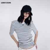 灰条纹棉质亲肤短袖 LEDIM WANG宽肩T型收腰T恤女2026春夏新款 上衣