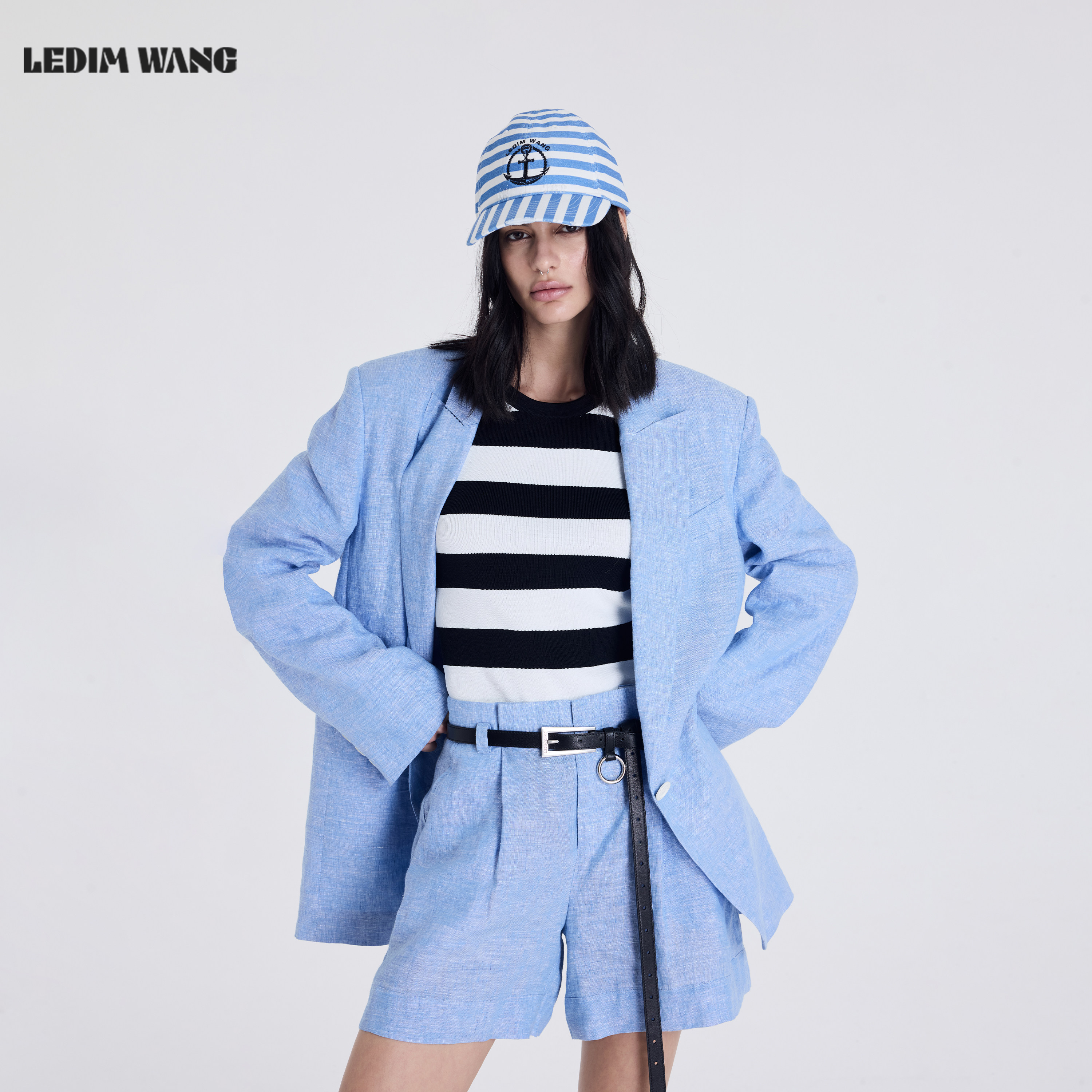 LEDIM WANG蓝色亚麻套装女2026夏季新款意式老钱风西服外套休闲裤