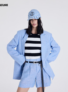 LEDIM WANG蓝色亚麻时尚套装女2026春夏新款老钱风西服外套休闲裤