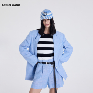 老钱风西服外套休闲裤 LEDIM 女2026春夏新款 套装 WANG蓝色亚麻时尚