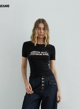 LEDIM WANG白标/晕染字母印花针织修身T恤女25秋新款黑色直筒上衣