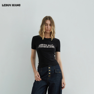 T恤女25秋新款 晕染字母印花针织修身 黑色直筒上衣 WANG白标 LEDIM