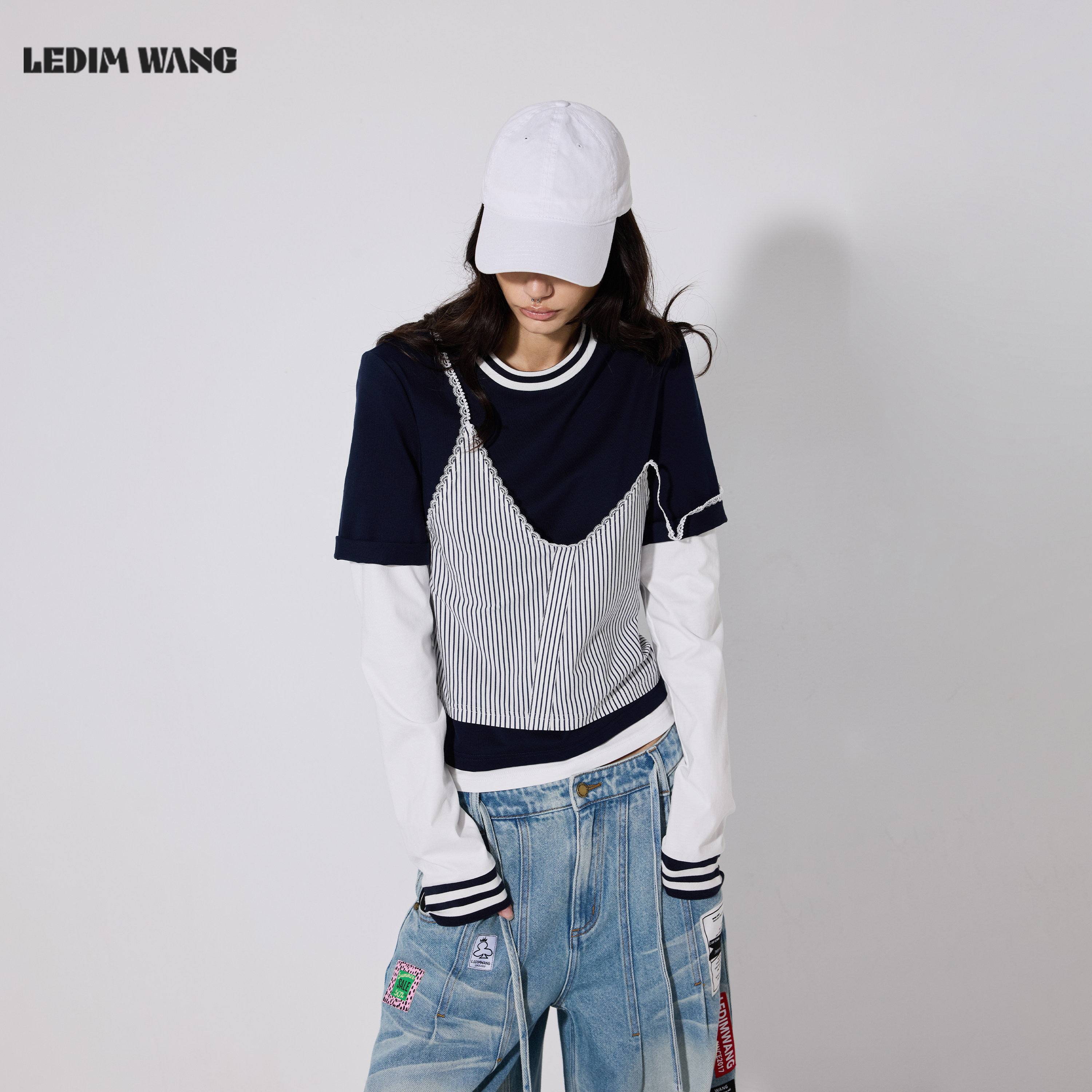 LEDIMWANG假三件条纹长袖T恤女图片