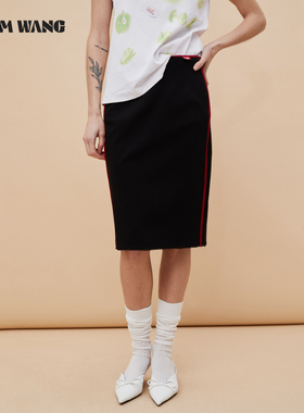LEDIM WANG弹力撞色半身裙女高级感黑色直筒半裙修身显瘦百搭舒适