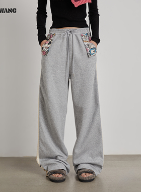 【明星同款】LEDIM WANG印花绒感卫裤女25冬新款灰色微喇休闲长裤