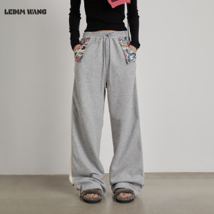 女25冬新款 WANG印花绒感卫裤 LEDIM 灰色微喇休闲长裤 明星同款