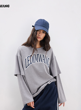 LEDIM WANG美式假两件长袖T恤女25秋冬新款灰色字母印花宽松上衣