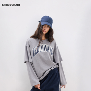 T恤女25秋冬新款 假两件长袖 灰色字母印花宽松上衣 WANG美式 LEDIM