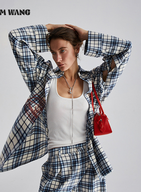 LEDIM WANG印花格子阔形衬衫外套女2024秋季新款纯棉休闲宽松衬衣