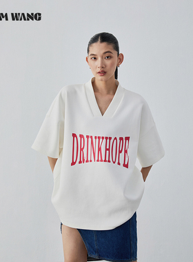 【明星同款】LEDIM WANG撞色美式印花V领T恤女夏季新款宽松慵懒风