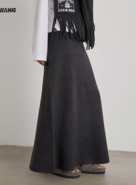 LEDIM WANG白标/知性风A摆毛织半身裙女2025秋冬新款修身灰色长裙