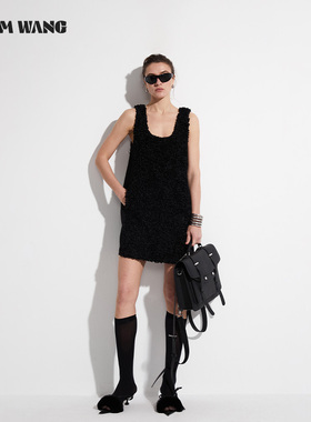 LEDIM WANG原创设计黑色立体花无袖连衣裙女夏宽松高级感背心裙