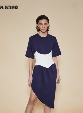 LEDIM WANG撞色斜摆连衣裙女不规则小众设计可拆卸腰封休闲慵懒风