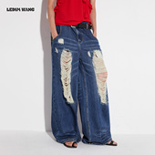 女春夏新款 LEDIM 皮带拼接莱赛尔破洞牛仔裤 长裤 WANG白标 美式