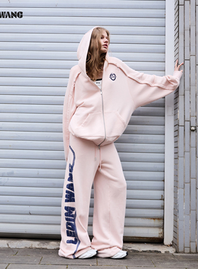 LEDIM WANG连帽开衫外套时尚套装女款2026春季新款粉色卫衣/卫裤